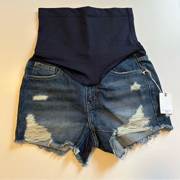 Pinkblush Dark Wash Distressed Raw Hem Maternity Full Panel Shorts - Picture 3 of 8